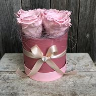 Eine Rosenbox - rund, in Rosa, mit 6 rosafarbenen, echten, stabilisierten Rosen Ø ca. 14cm