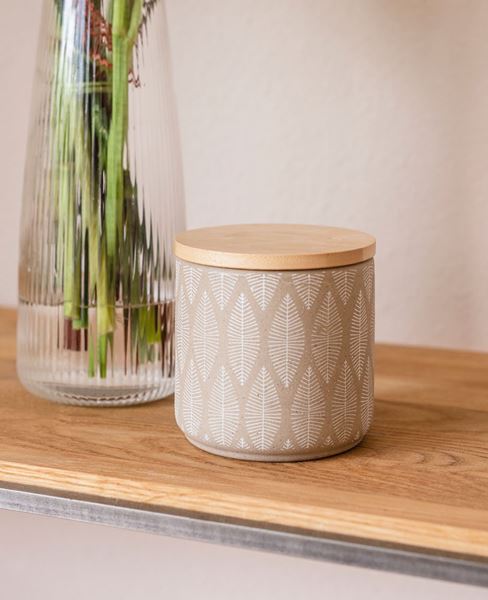 Image sur Boîte en faïence, avec motif de feuilles et couvercle en bambou