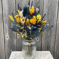 Trockenblumen Strauss Bund mix "Giallo Blu" mit Vase