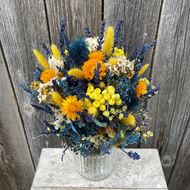 Trockenblumen Strauss Bund mix "Giallo Blu" mit Vase