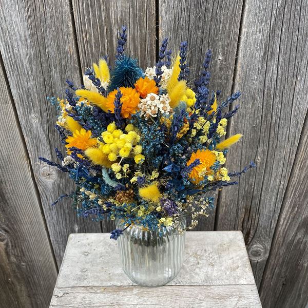 Trockenblumen Strauss Bund mix "Giallo Blu" mit Vase