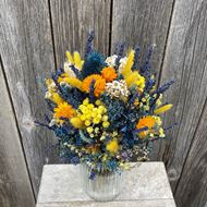 Trockenblumen Strauss Bund mix "Giallo Blu" mit Vase